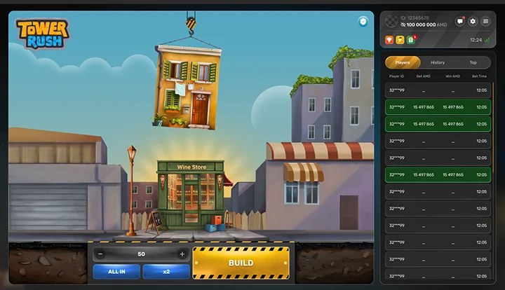Tower Rush gameplay screen showing the build control, rising floors and multiplier panel
